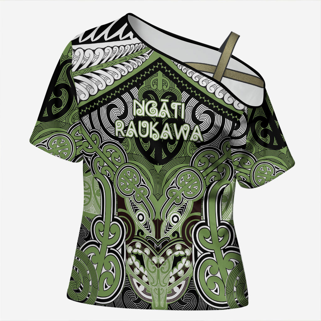 Aotearoa Iwi Ngati Raukawa Personalised Cross Shoulder Shirt Maori Kowhaiwhai Pattern LT19 Female Green - Polynesian Pride