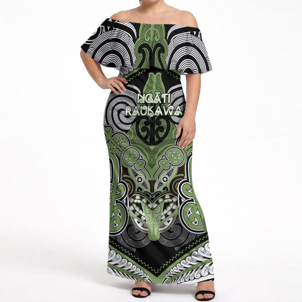 Aotearoa Iwi Ngati Raukawa Personalised Off Shoulder Maxi Dress Maori Kowhaiwhai Pattern LT19 Women Green - Polynesian Pride