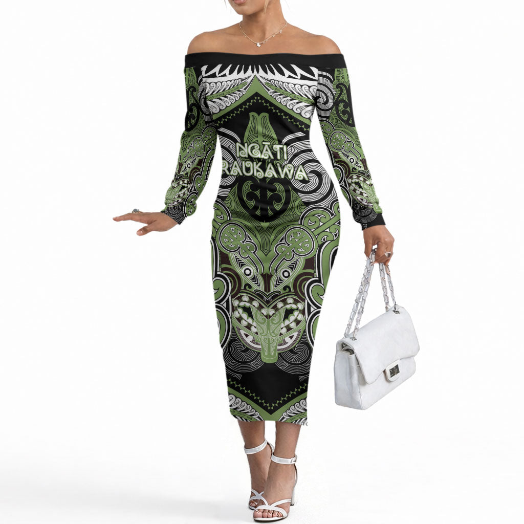 Aotearoa Iwi Ngati Raukawa Personalised Off The Shoulder Long Sleeve Dress Maori Kowhaiwhai Pattern LT19 Women Green - Polynesian Pride