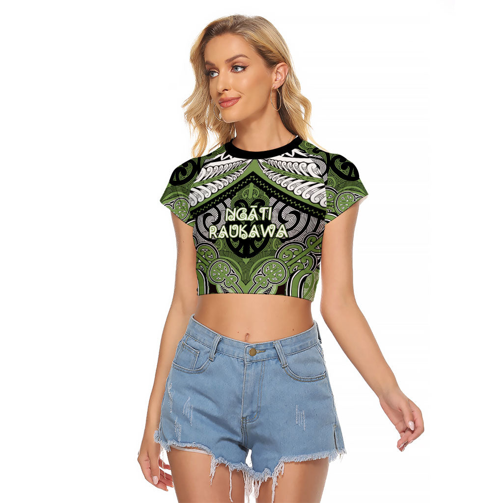 Aotearoa Iwi Ngati Raukawa Personalised Raglan Cropped T Shirt Maori Kowhaiwhai Pattern LT19 Female Green - Polynesian Pride