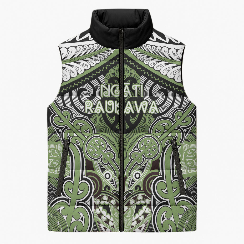 Aotearoa Iwi Ngati Raukawa Personalised Sleeveless Puffer Jacket Maori Kowhaiwhai Pattern LT19 Unisex Green - Polynesian Pride