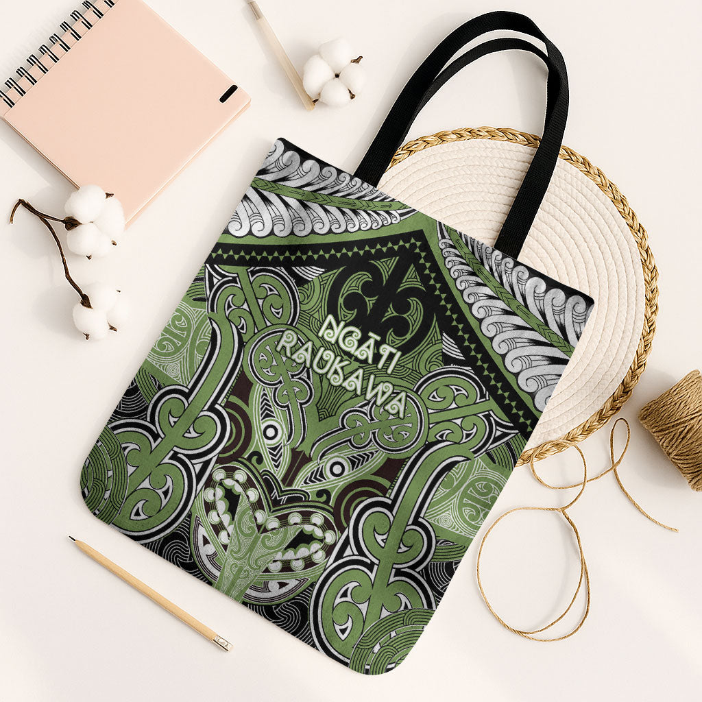 Aotearoa Iwi Ngati Raukawa Tote Bag Maori Kowhaiwhai Pattern LT19 Black Strap One Size Green - Polynesian Pride