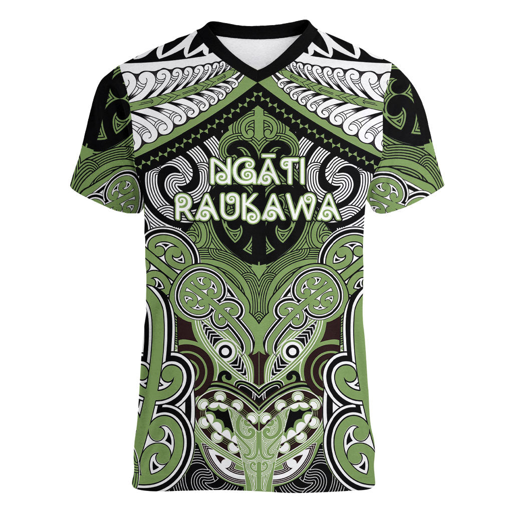Aotearoa Iwi Ngati Raukawa Personalised Women V-Neck T-Shirt Maori Kowhaiwhai Pattern LT19 Female Green - Polynesian Pride
