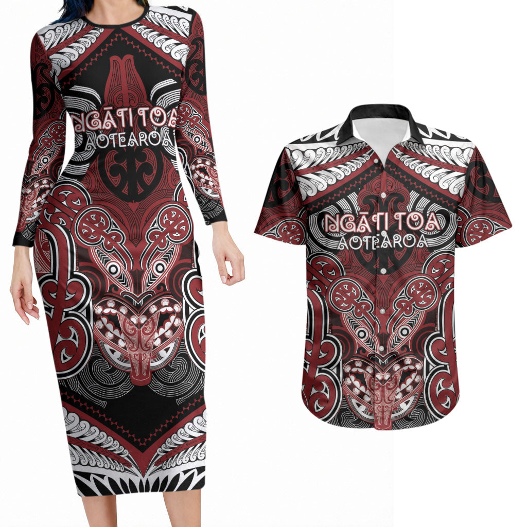 Aotearoa Iwi Ngati Toa Personalised Couples Matching Long Sleeve Bodycon Dress and Hawaiian Shirt Maori Kowhaiwhai Pattern