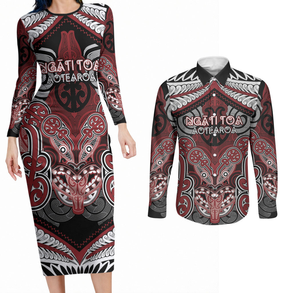 Aotearoa Iwi Ngati Toa Personalised Couples Matching Long Sleeve Bodycon Dress and Long Sleeve Button Shirt Maori Kowhaiwhai Pattern