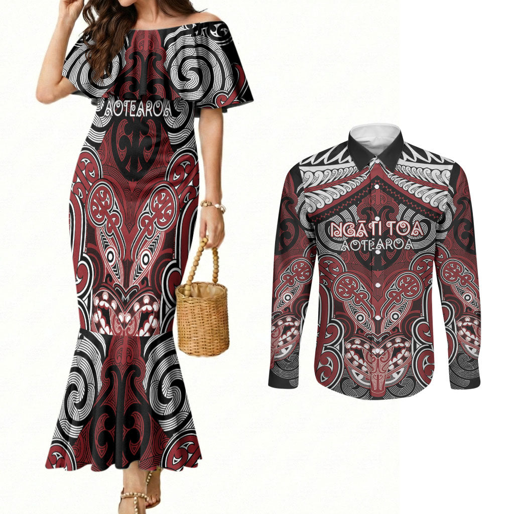 Aotearoa Iwi Ngati Toa Personalised Couples Matching Mermaid Dress and Long Sleeve Button Shirt Maori Kowhaiwhai Pattern LT19 Red - Polynesian Pride