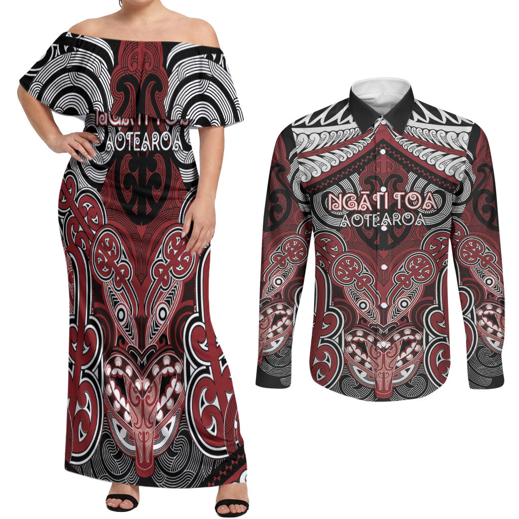 Aotearoa Iwi Ngati Toa Personalised Couples Matching Off Shoulder Maxi Dress and Long Sleeve Button Shirt Maori Kowhaiwhai Pattern