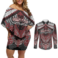Aotearoa Iwi Ngati Toa Personalised Couples Matching Off Shoulder Short Dress and Long Sleeve Button Shirt Maori Kowhaiwhai Pattern