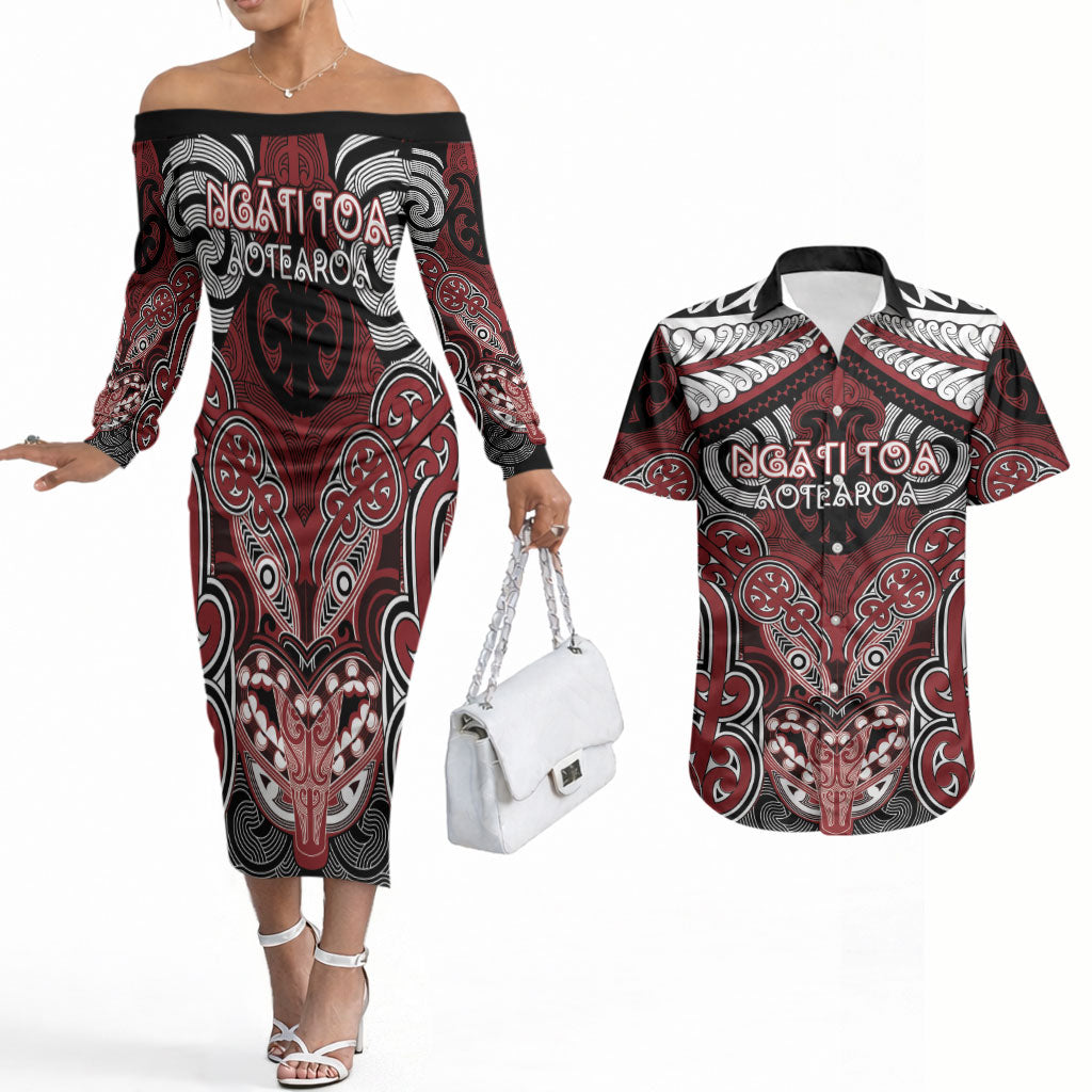 Aotearoa Iwi Ngati Toa Personalised Couples Matching Off The Shoulder Long Sleeve Dress and Hawaiian Shirt Maori Kowhaiwhai Pattern LT19 Red - Polynesian Pride
