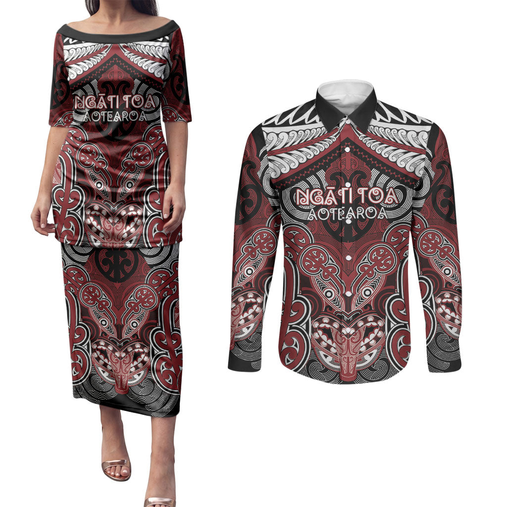 Aotearoa Iwi Ngati Toa Personalised Couples Matching Puletasi and Long Sleeve Button Shirt Maori Kowhaiwhai Pattern LT19 Red - Polynesian Pride