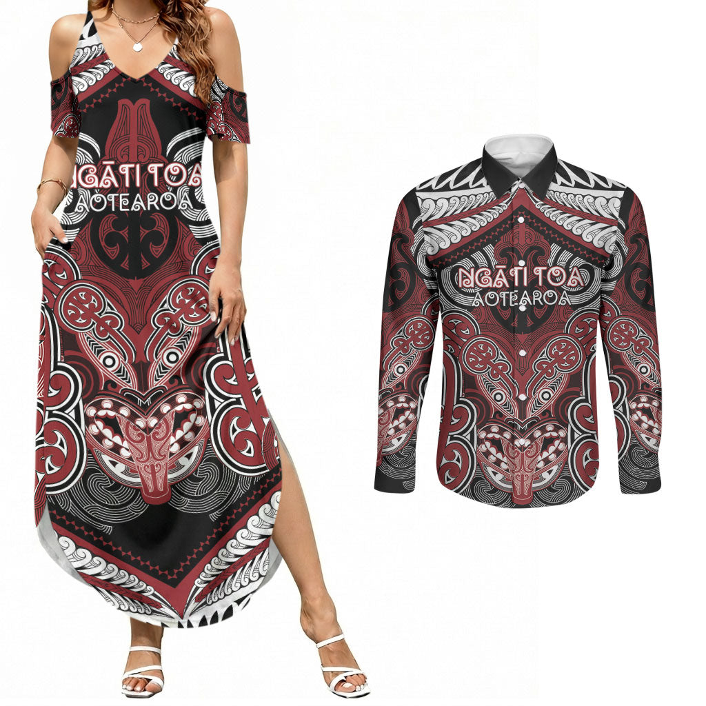 Aotearoa Iwi Ngati Toa Personalised Couples Matching Summer Maxi Dress and Long Sleeve Button Shirt Maori Kowhaiwhai Pattern LT19 Red - Polynesian Pride