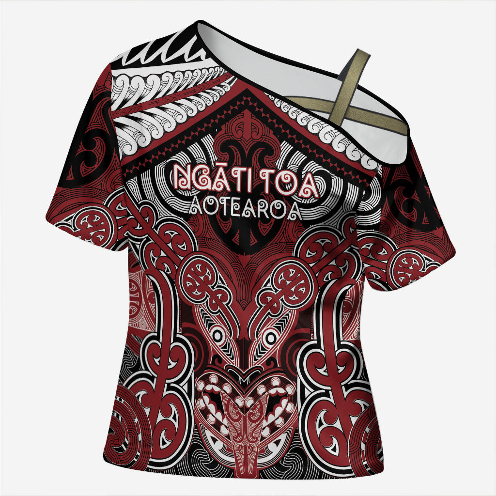 Aotearoa Iwi Ngati Toa Personalised Cross Shoulder Shirt Maori Kowhaiwhai Pattern LT19 Female Red - Polynesian Pride