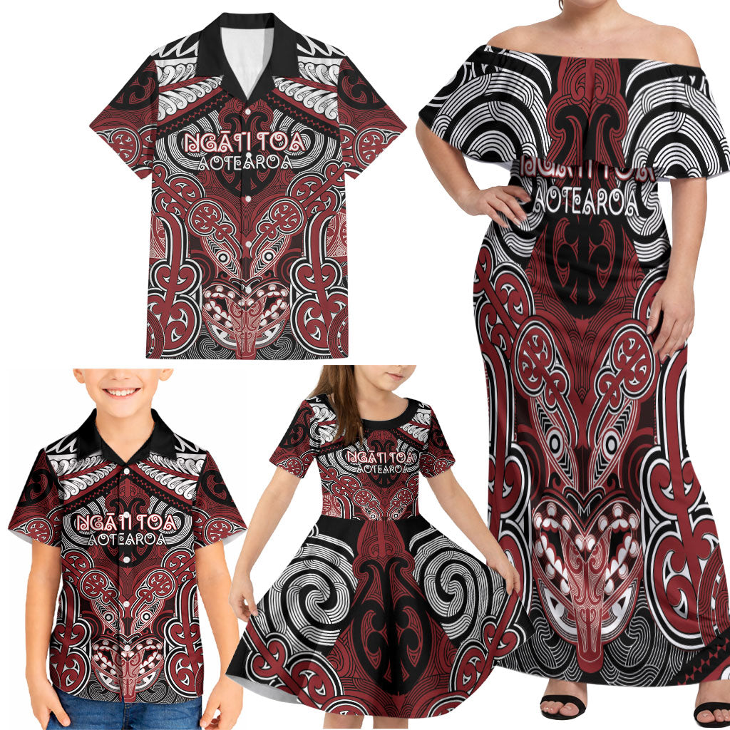Aotearoa Iwi Ngati Toa Personalised Family Matching Off Shoulder Maxi Dress and Hawaiian Shirt Maori Kowhaiwhai Pattern