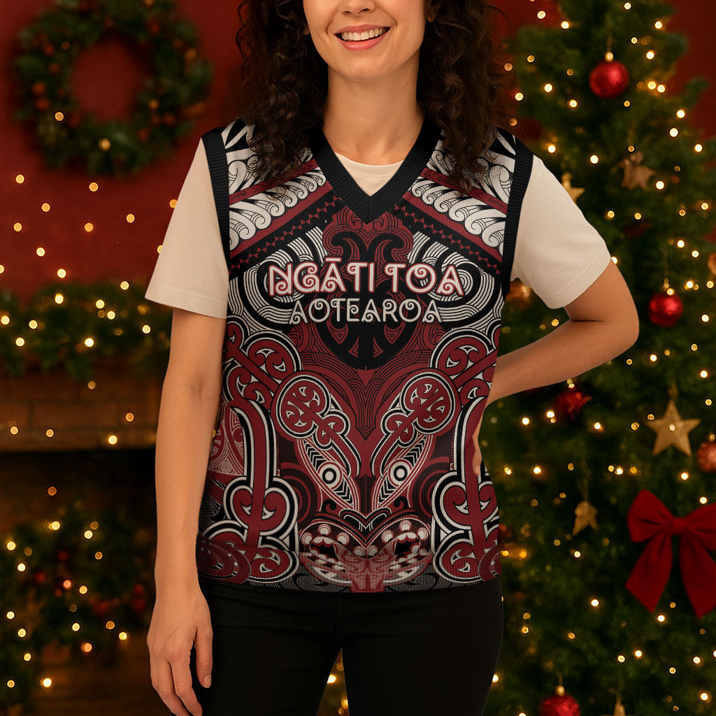 Aotearoa Iwi Ngati Toa Personalised Christmas Knitted V-Neck Vest Maori Kowhaiwhai Pattern