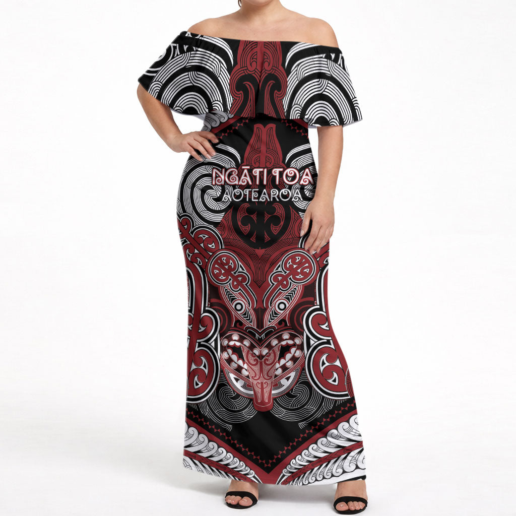 Aotearoa Iwi Ngati Toa Personalised Off Shoulder Maxi Dress Maori Kowhaiwhai Pattern LT19 Women Red - Polynesian Pride
