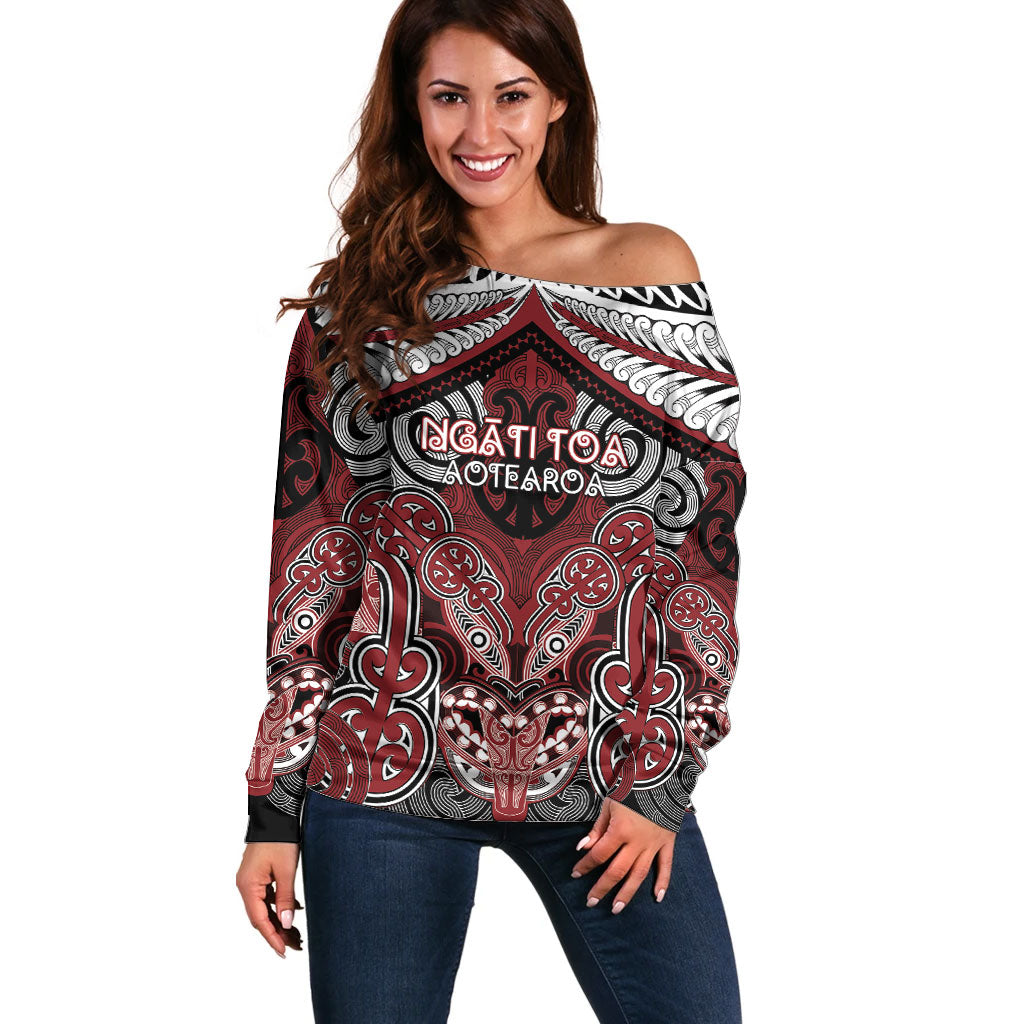 Aotearoa Iwi Ngati Toa Personalised Off Shoulder Sweater Maori Kowhaiwhai Pattern LT19 Women Red - Polynesian Pride