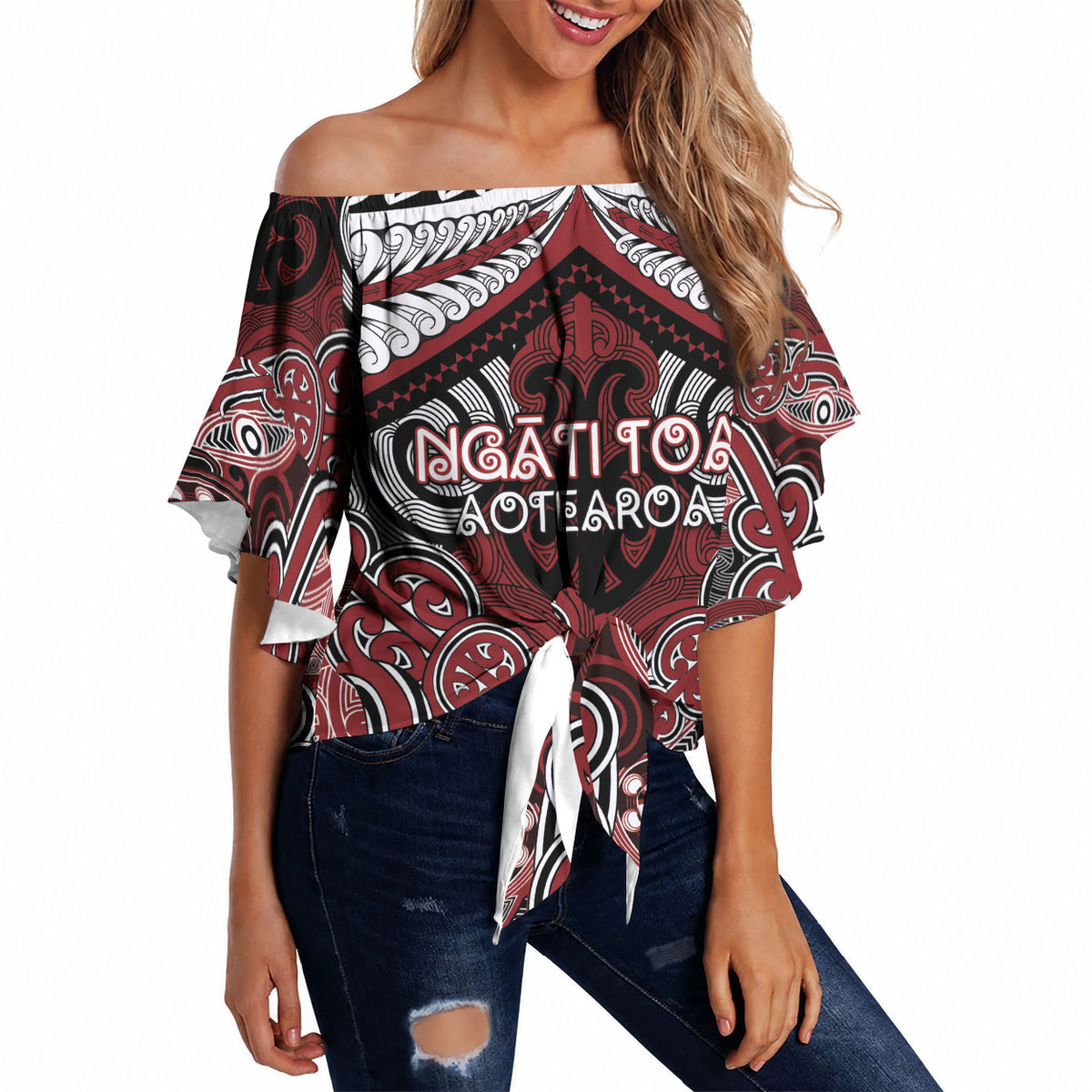Aotearoa Iwi Ngati Toa Personalised Off Shoulder Wrap Waist Top Maori Kowhaiwhai Pattern