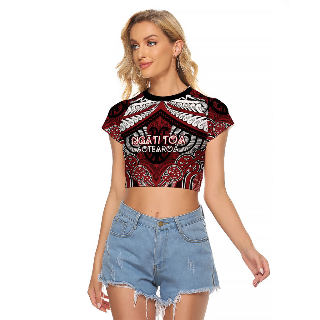 Aotearoa Iwi Ngati Toa Personalised Raglan Cropped T Shirt Maori Kowhaiwhai Pattern LT19 Female Red - Polynesian Pride