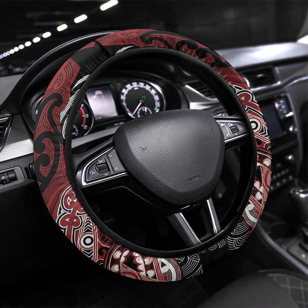 Aotearoa Iwi Ngati Toa Steering Wheel Cover Maori Kowhaiwhai Pattern LT19 Universal Fit Red - Polynesian Pride