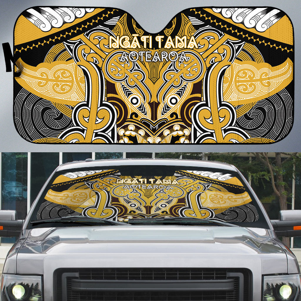 Aotearoa Iwi Ngati Tama Auto Sun Shade Maori Kowhaiwhai Pattern LT19 Yellow - Polynesian Pride