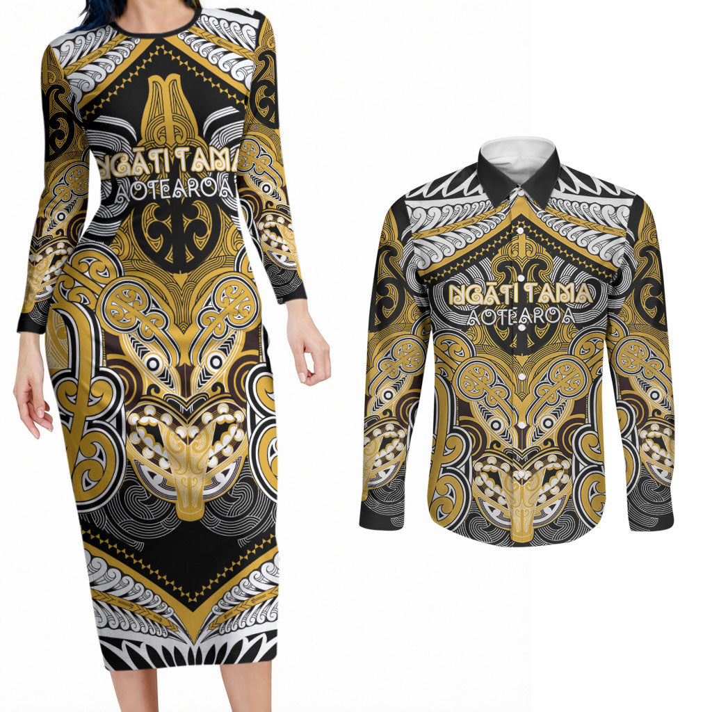 Aotearoa Iwi Ngati Tama Personalised Couples Matching Long Sleeve Bodycon Dress and Long Sleeve Button Shirt Maori Kowhaiwhai Pattern