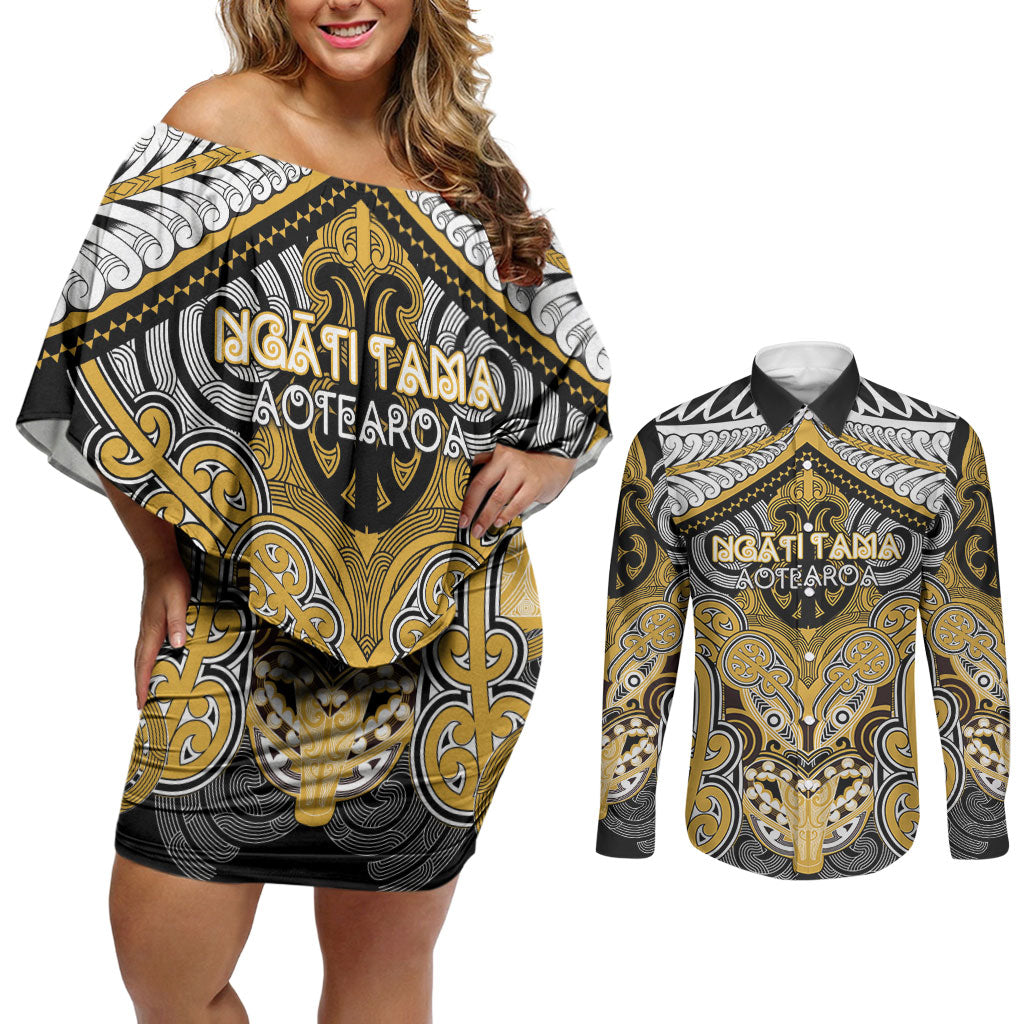 Aotearoa Iwi Ngati Tama Personalised Couples Matching Off Shoulder Short Dress and Long Sleeve Button Shirt Maori Kowhaiwhai Pattern