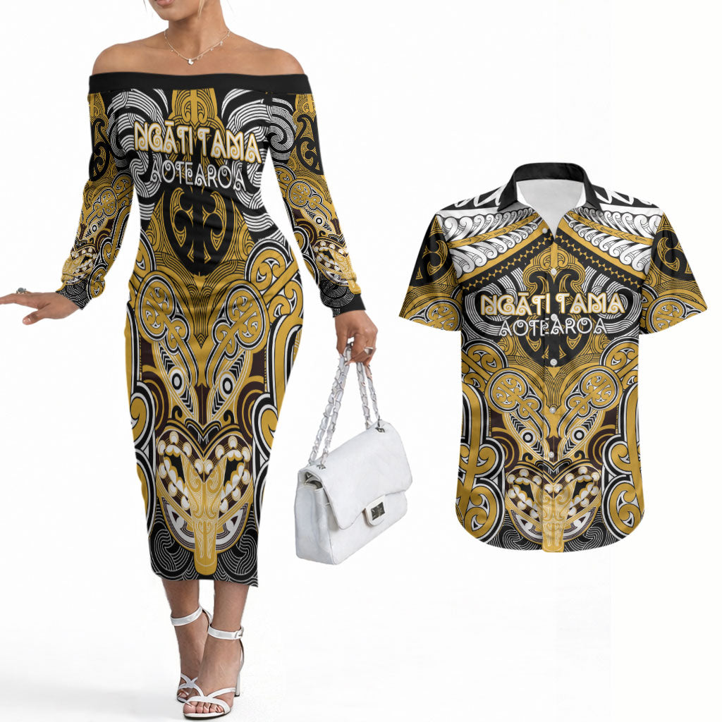 Aotearoa Iwi Ngati Tama Personalised Couples Matching Off The Shoulder Long Sleeve Dress and Hawaiian Shirt Maori Kowhaiwhai Pattern LT19 Yellow - Polynesian Pride