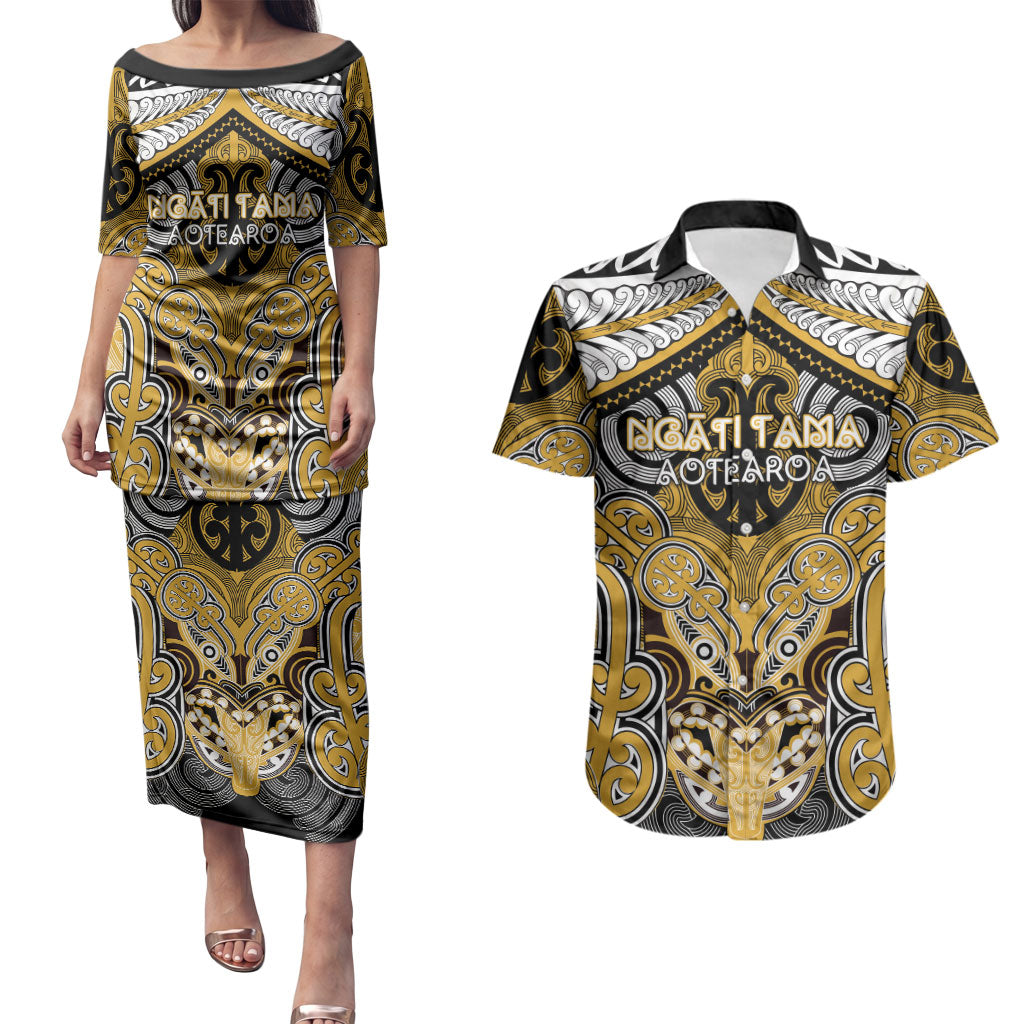 Aotearoa Iwi Ngati Tama Personalised Couples Matching Puletasi and Hawaiian Shirt Maori Kowhaiwhai Pattern LT19 Yellow - Polynesian Pride