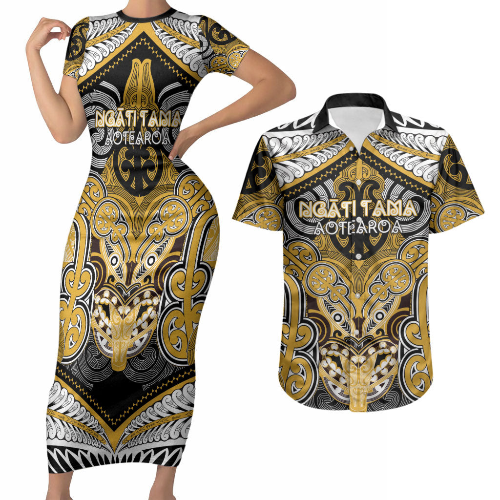 Aotearoa Iwi Ngati Tama Personalised Couples Matching Short Sleeve Bodycon Dress and Hawaiian Shirt Maori Kowhaiwhai Pattern LT19 Yellow - Polynesian Pride