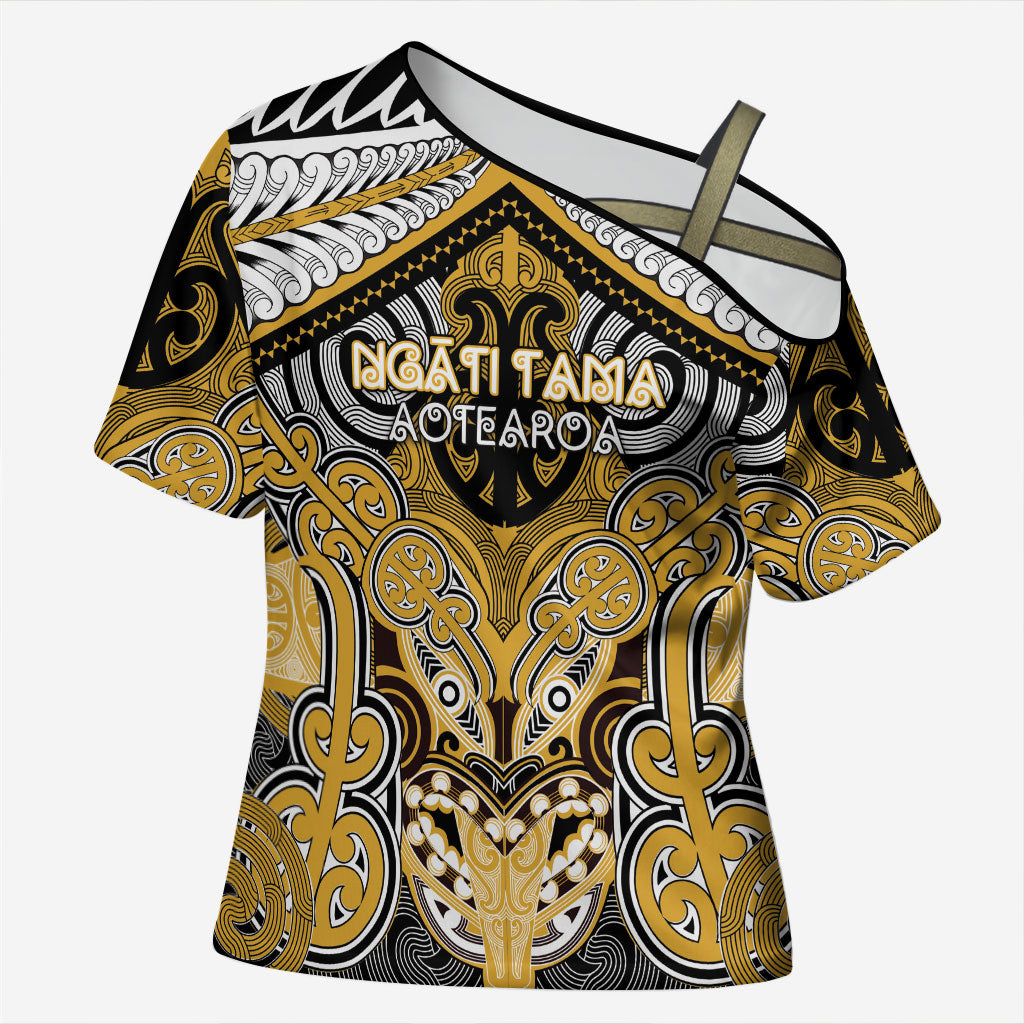 Aotearoa Iwi Ngati Tama Personalised Cross Shoulder Shirt Maori Kowhaiwhai Pattern LT19 Female Yellow - Polynesian Pride