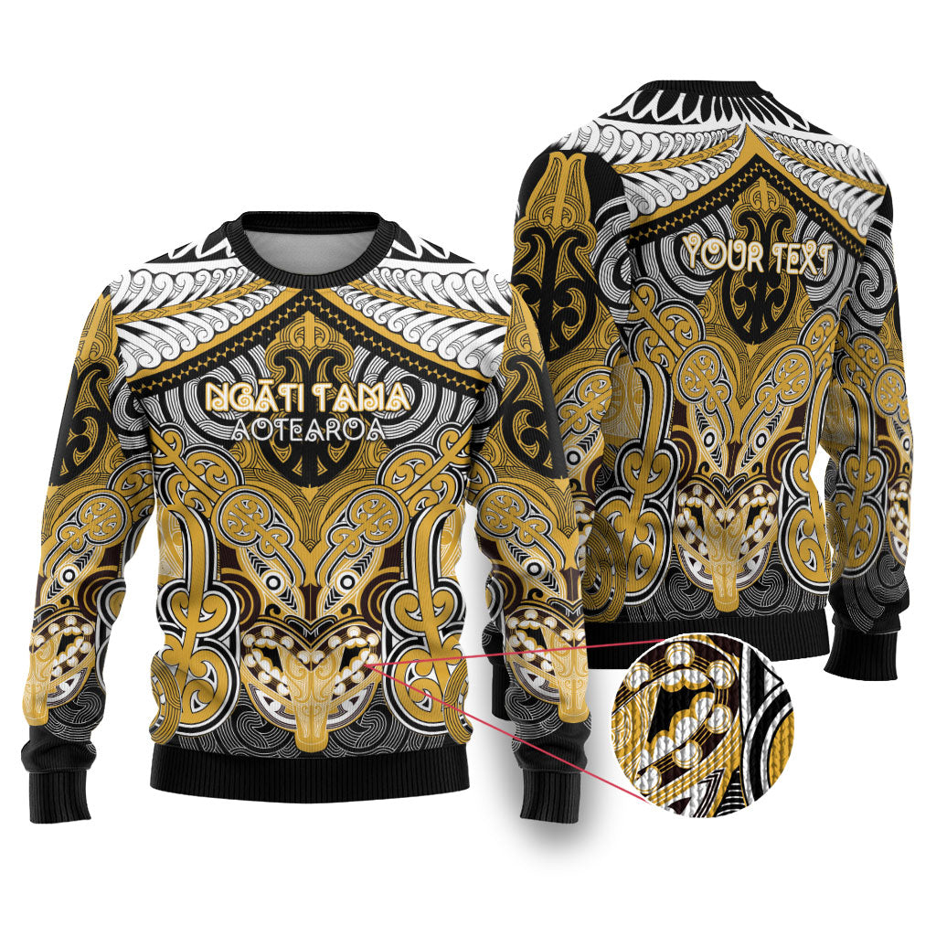Aotearoa Iwi Ngati Tama Personalised Ugly Christmas Sweater Maori Kowhaiwhai Pattern LT19 Yellow - Polynesian Pride