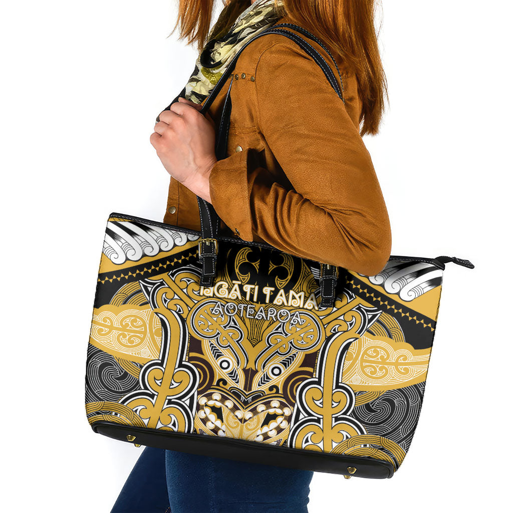 Aotearoa Iwi Ngati Tama Leather Tote Bag Maori Kowhaiwhai Pattern LT19 Yellow - Polynesian Pride