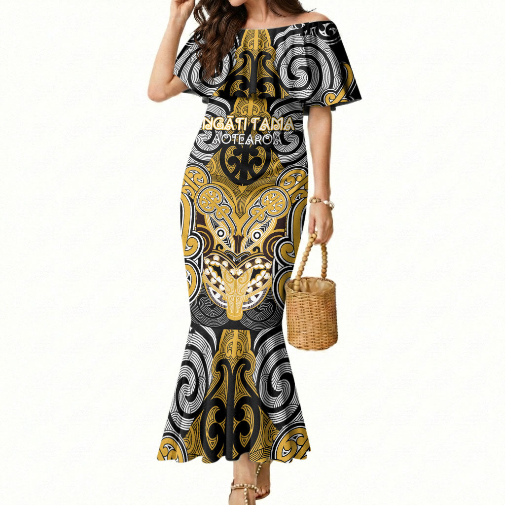 Aotearoa Iwi Ngati Tama Personalised Mermaid Dress Maori Kowhaiwhai Pattern LT19 Women Yellow - Polynesian Pride