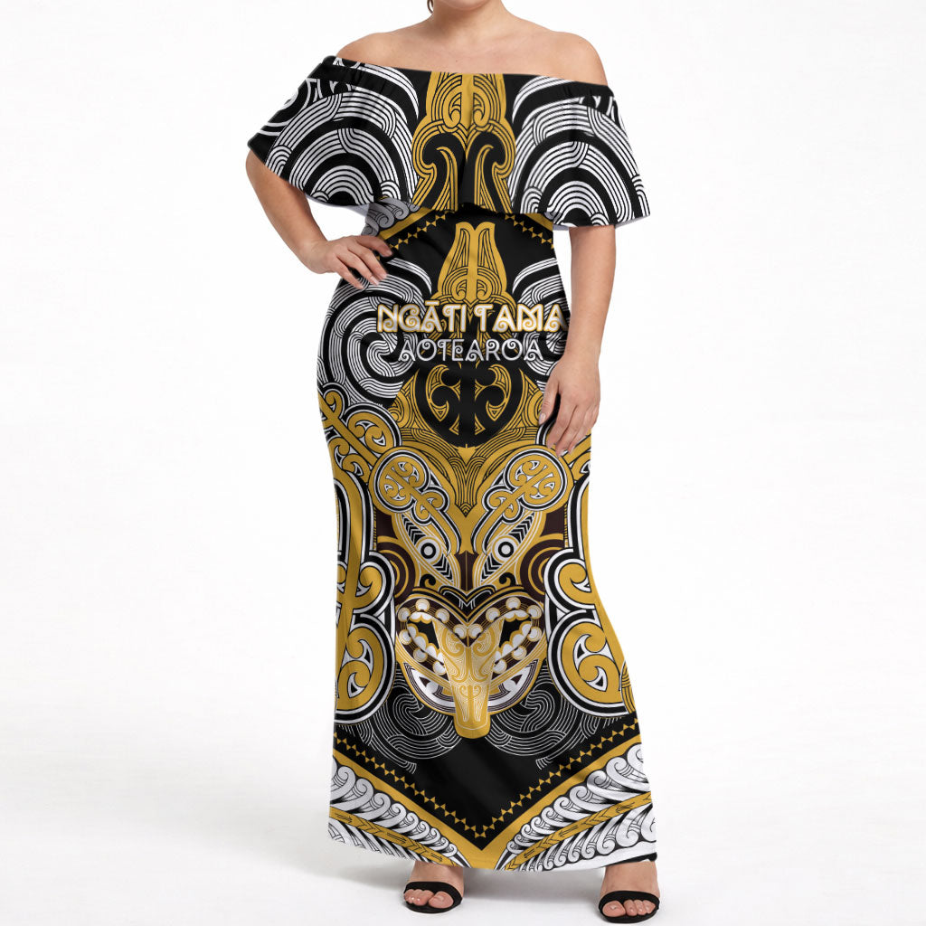Aotearoa Iwi Ngati Tama Personalised Off Shoulder Maxi Dress Maori Kowhaiwhai Pattern LT19 Women Yellow - Polynesian Pride