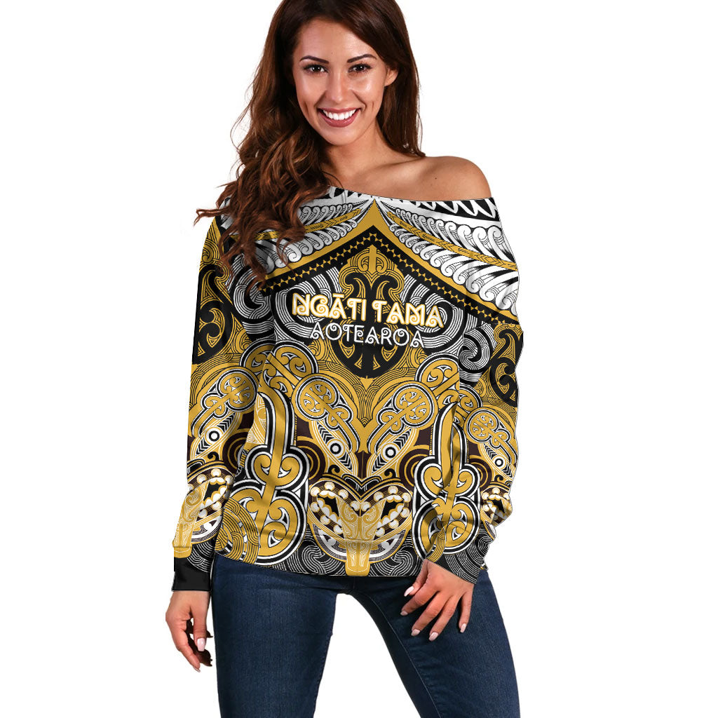 Aotearoa Iwi Ngati Tama Personalised Off Shoulder Sweater Maori Kowhaiwhai Pattern LT19 Women Yellow - Polynesian Pride
