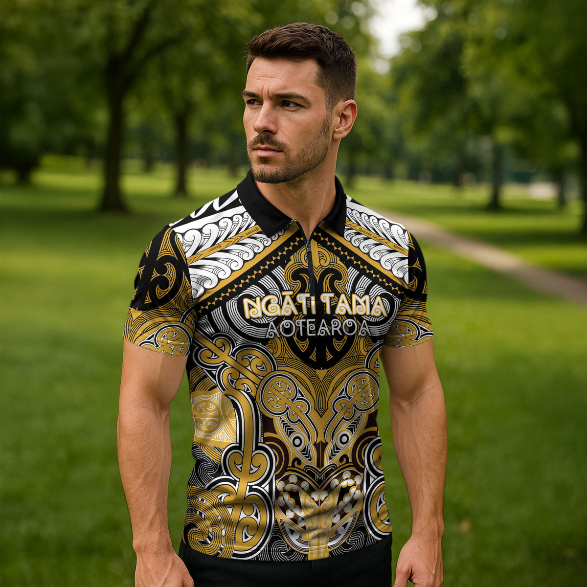 Aotearoa Iwi Ngati Tama Personalised Zipper Polo Shirt Maori Kowhaiwhai Pattern