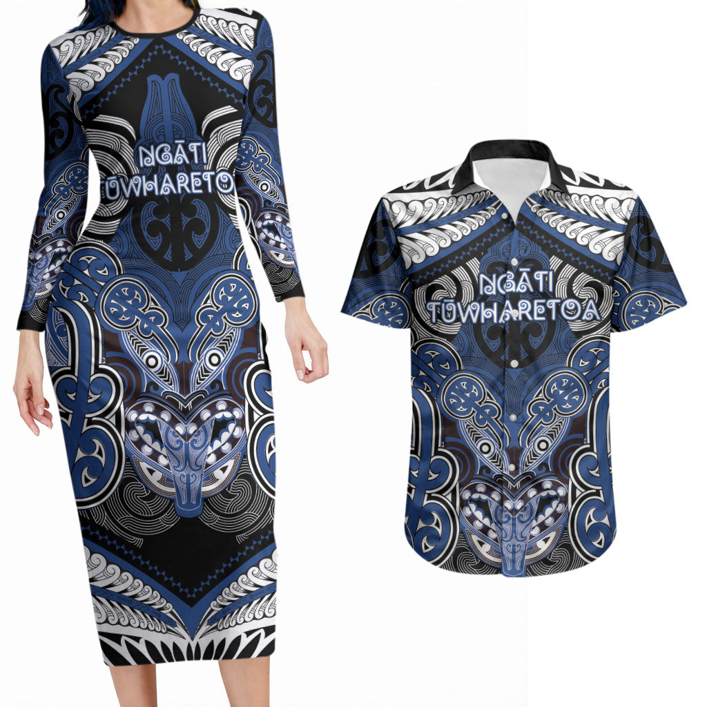 Aotearoa Iwi Ngati Tuwharetoa Personalised Couples Matching Long Sleeve Bodycon Dress and Hawaiian Shirt Maori Kowhaiwhai Pattern LT19 Blue - Polynesian Pride