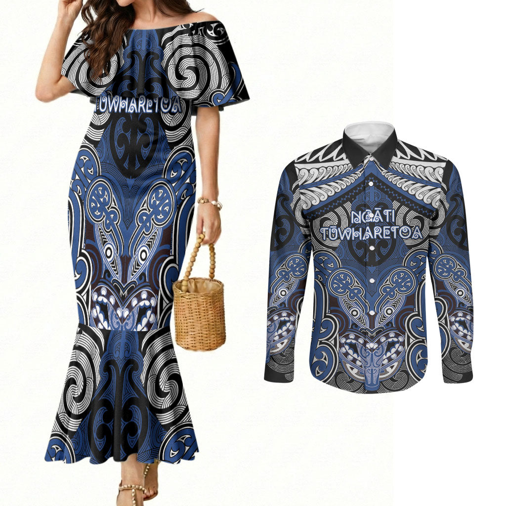 Aotearoa Iwi Ngati Tuwharetoa Personalised Couples Matching Mermaid Dress and Long Sleeve Button Shirt Maori Kowhaiwhai Pattern LT19 Blue - Polynesian Pride