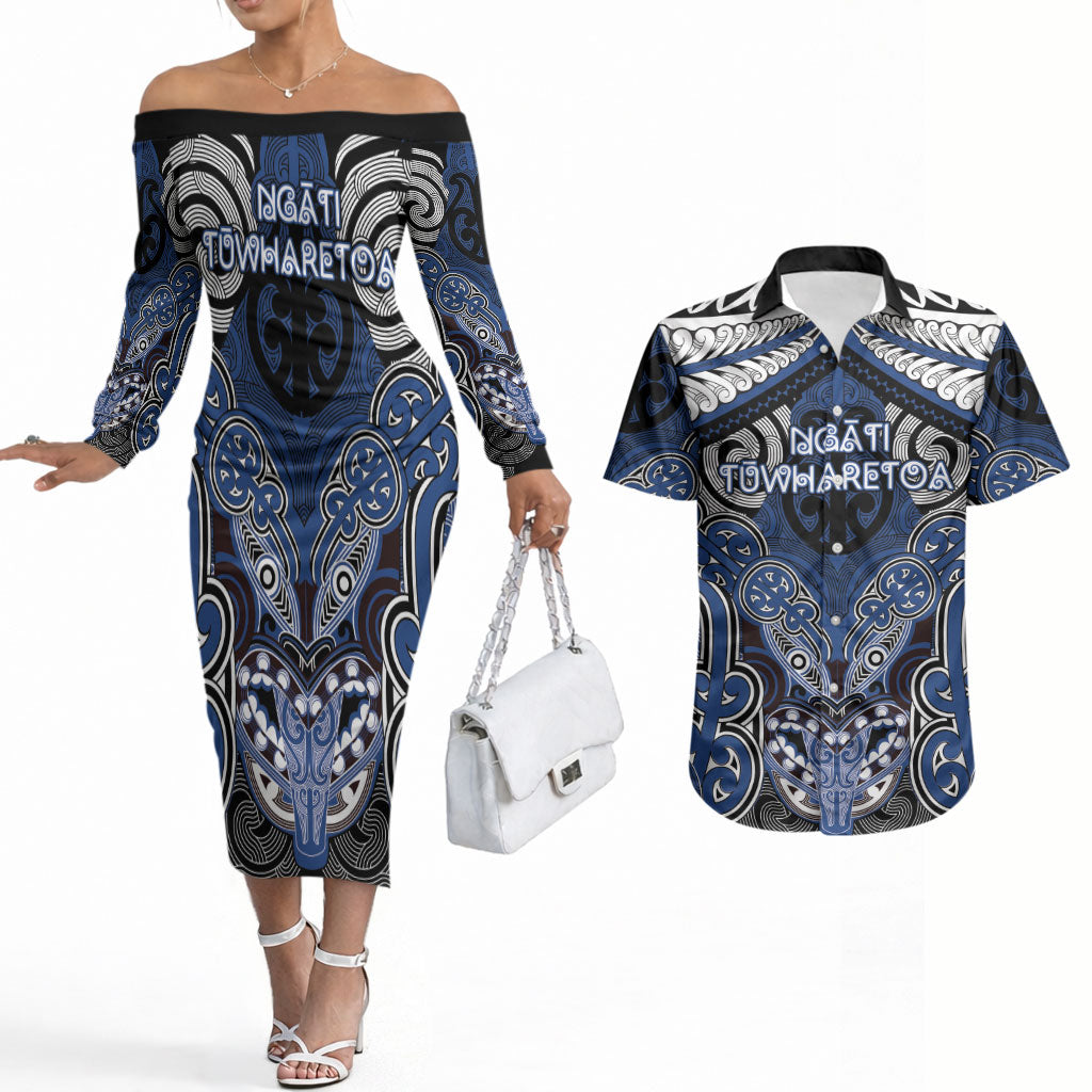 Aotearoa Iwi Ngati Tuwharetoa Personalised Couples Matching Off The Shoulder Long Sleeve Dress and Hawaiian Shirt Maori Kowhaiwhai Pattern LT19 Blue - Polynesian Pride