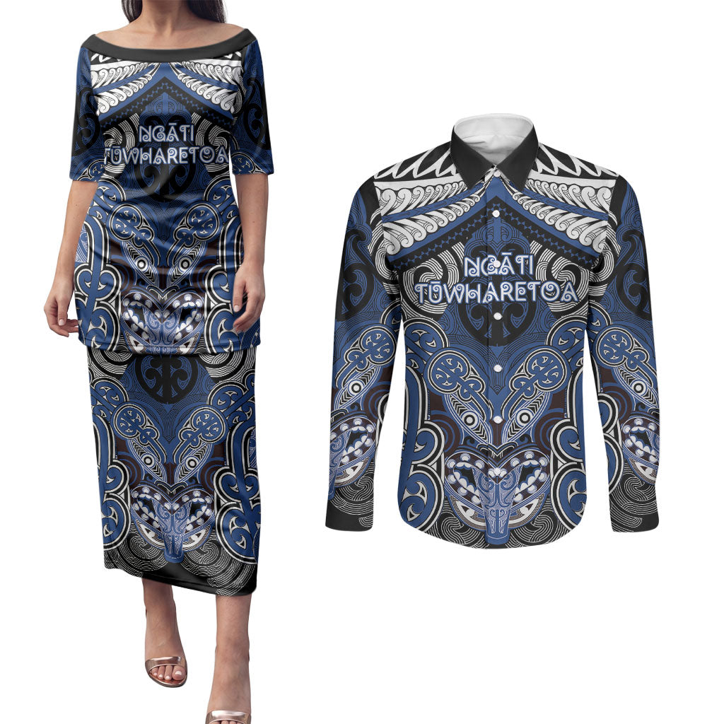 Aotearoa Iwi Ngati Tuwharetoa Personalised Couples Matching Puletasi and Long Sleeve Button Shirt Maori Kowhaiwhai Pattern LT19 Blue - Polynesian Pride