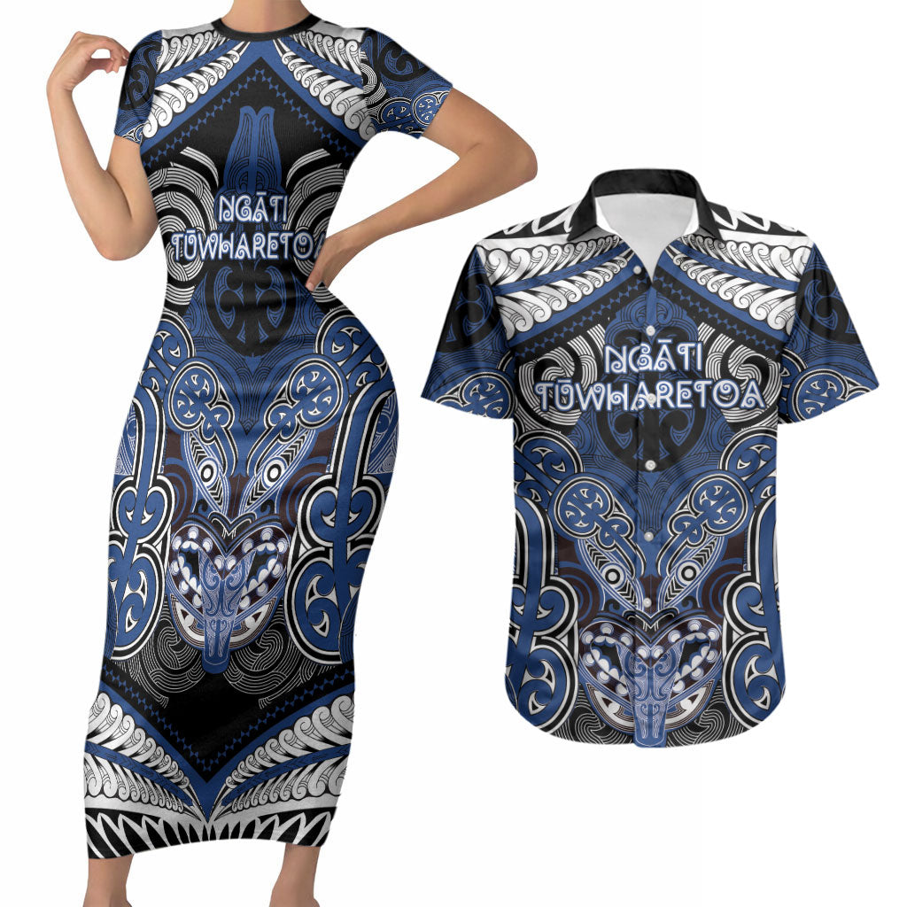 Aotearoa Iwi Ngati Tuwharetoa Personalised Couples Matching Short Sleeve Bodycon Dress and Hawaiian Shirt Maori Kowhaiwhai Pattern