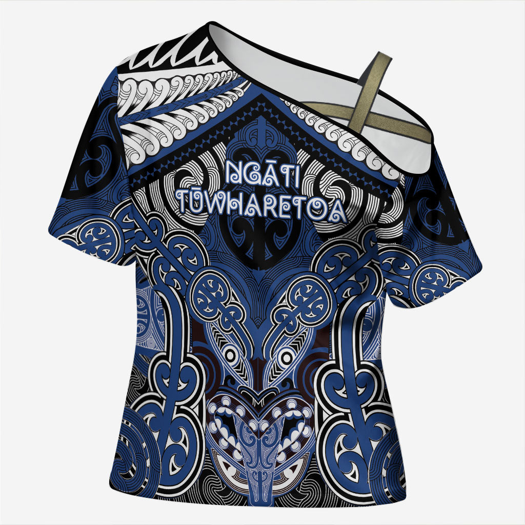 Aotearoa Iwi Ngati Tuwharetoa Personalised Cross Shoulder Shirt Maori Kowhaiwhai Pattern LT19 Female Blue - Polynesian Pride