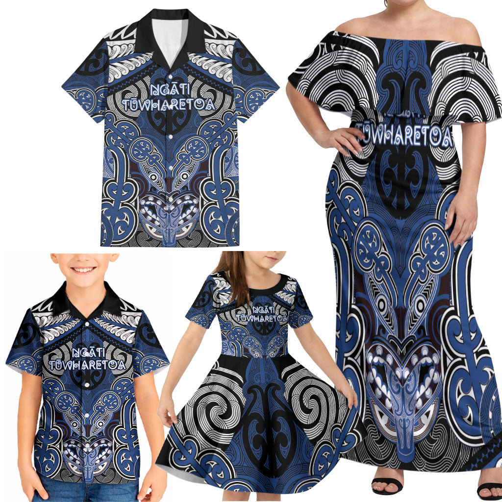 Aotearoa Iwi Ngati Tuwharetoa Personalised Family Matching Off Shoulder Maxi Dress and Hawaiian Shirt Maori Kowhaiwhai Pattern