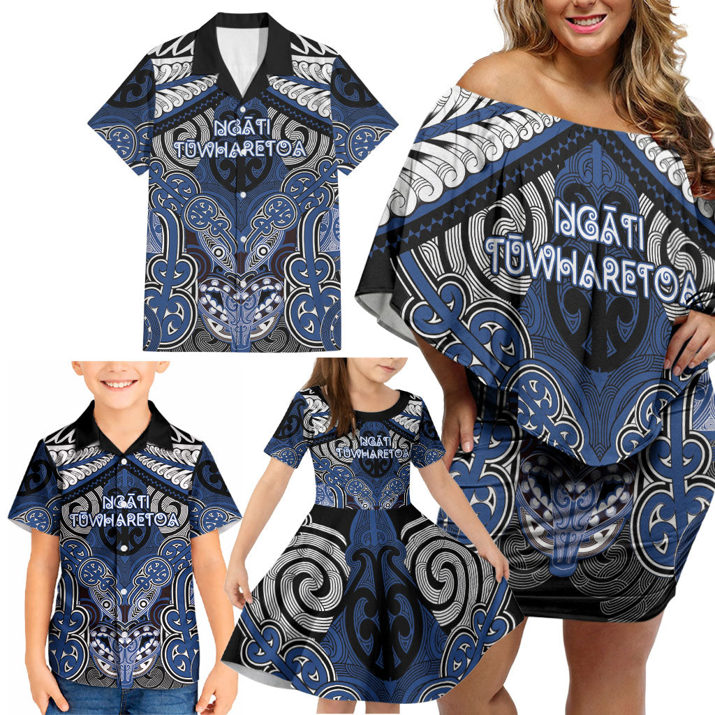 Aotearoa Iwi Ngati Tuwharetoa Personalised Family Matching Off Shoulder Short Dress and Hawaiian Shirt Maori Kowhaiwhai Pattern LT19 - Polynesian Pride