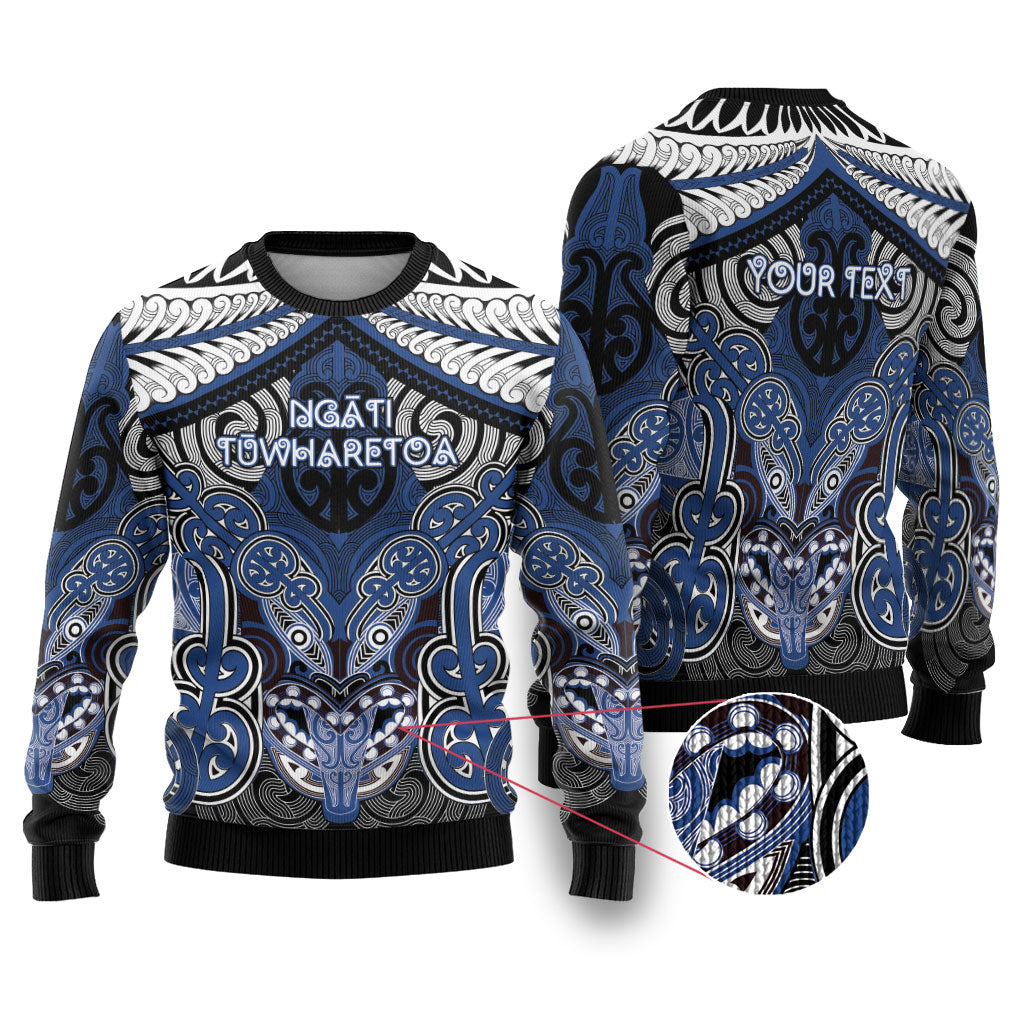 Aotearoa Iwi Ngati Tuwharetoa Personalised Ugly Christmas Sweater Maori Kowhaiwhai Pattern LT19 Blue - Polynesian Pride