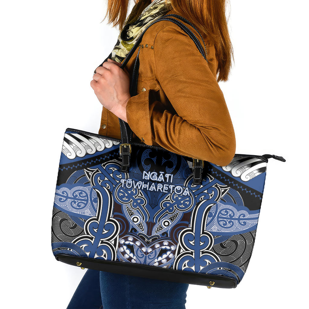 Aotearoa Iwi Ngati Tuwharetoa Leather Tote Bag Maori Kowhaiwhai Pattern LT19 Blue - Polynesian Pride