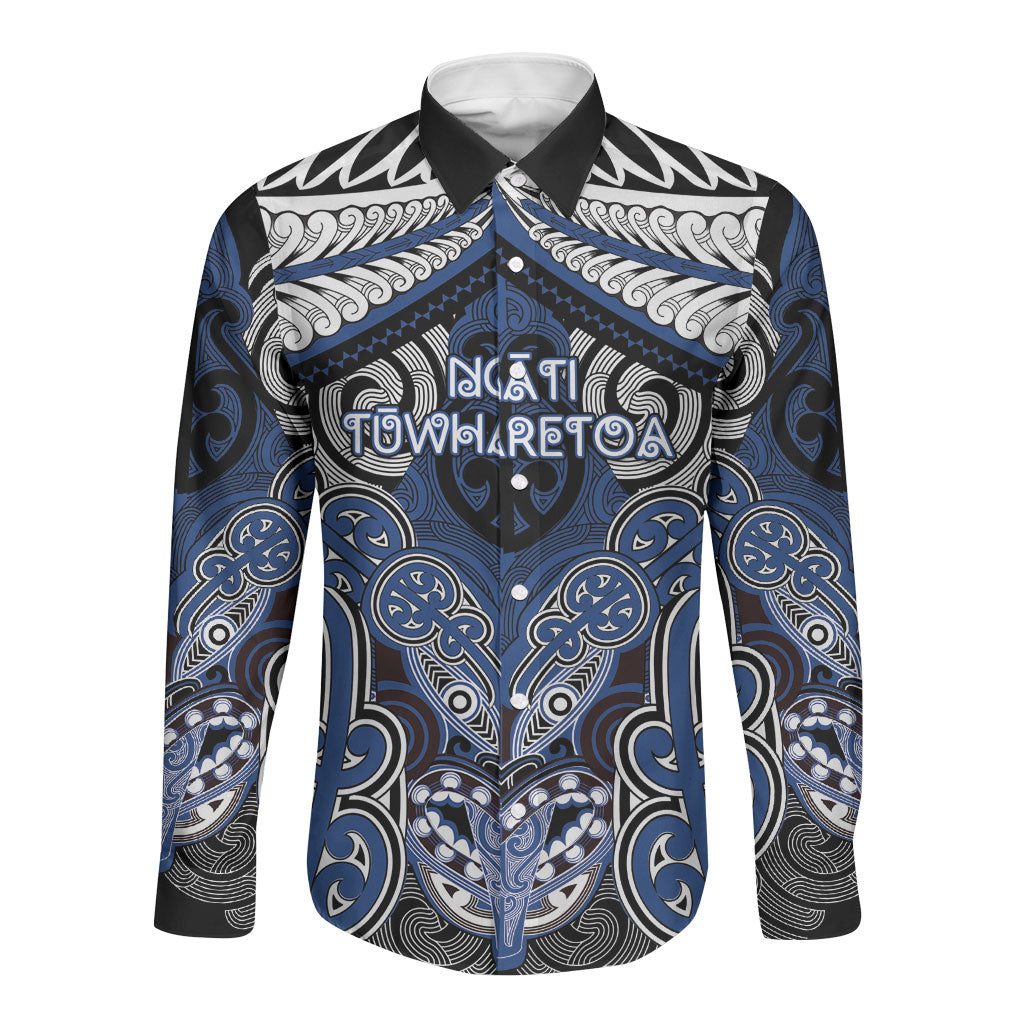 Aotearoa Iwi Ngati Tuwharetoa Personalised Long Sleeve Button Shirt Maori Kowhaiwhai Pattern LT19 Unisex Blue - Polynesian Pride