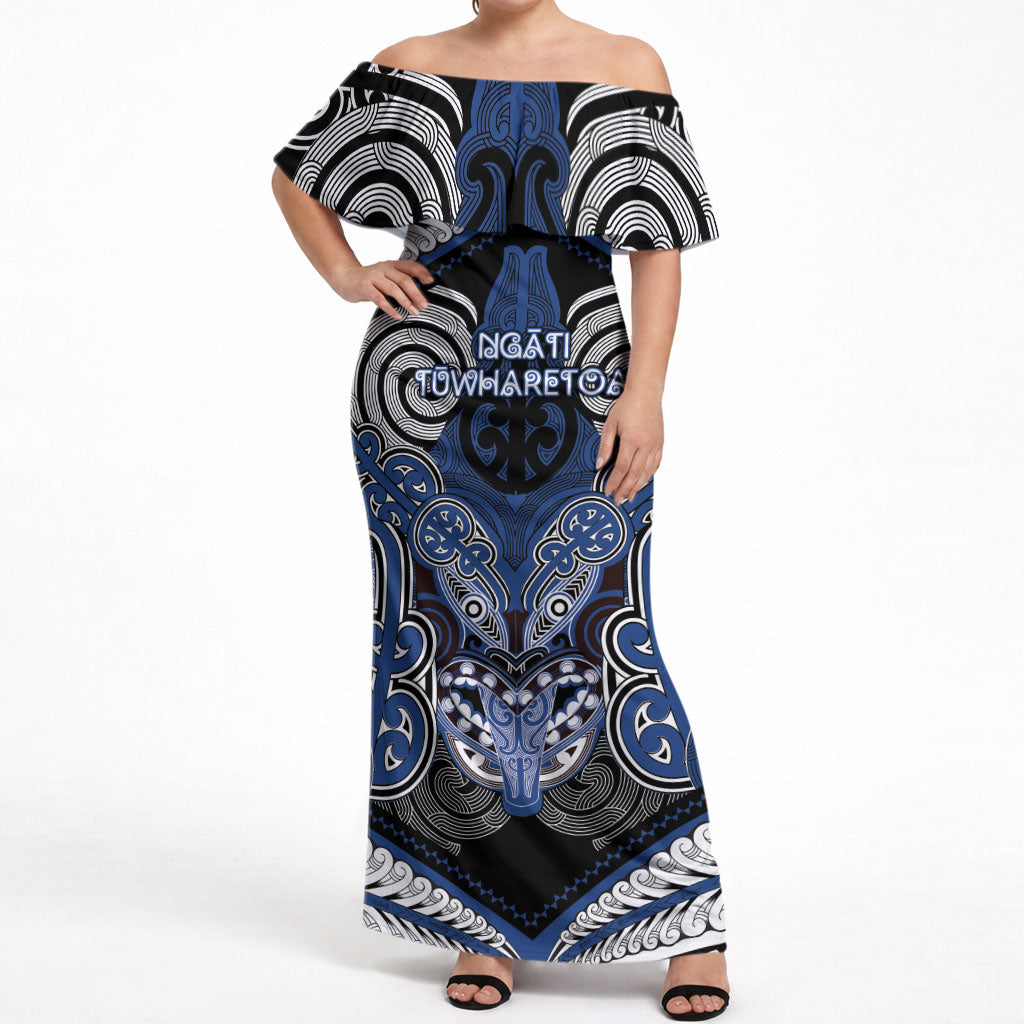 Aotearoa Iwi Ngati Tuwharetoa Personalised Off Shoulder Maxi Dress Maori Kowhaiwhai Pattern LT19 Women Blue - Polynesian Pride