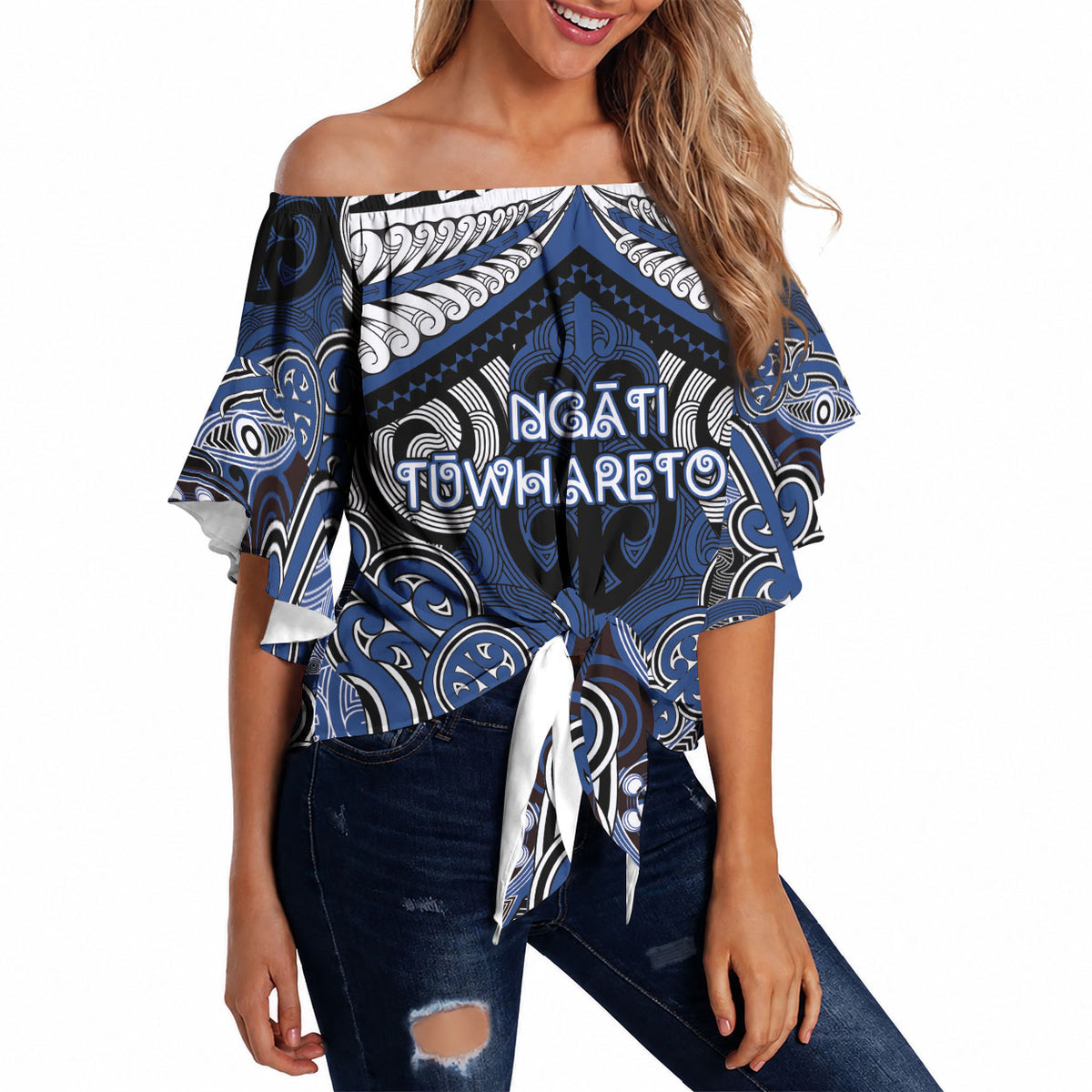 Aotearoa Iwi Ngati Tuwharetoa Personalised Off Shoulder Wrap Waist Top Maori Kowhaiwhai Pattern