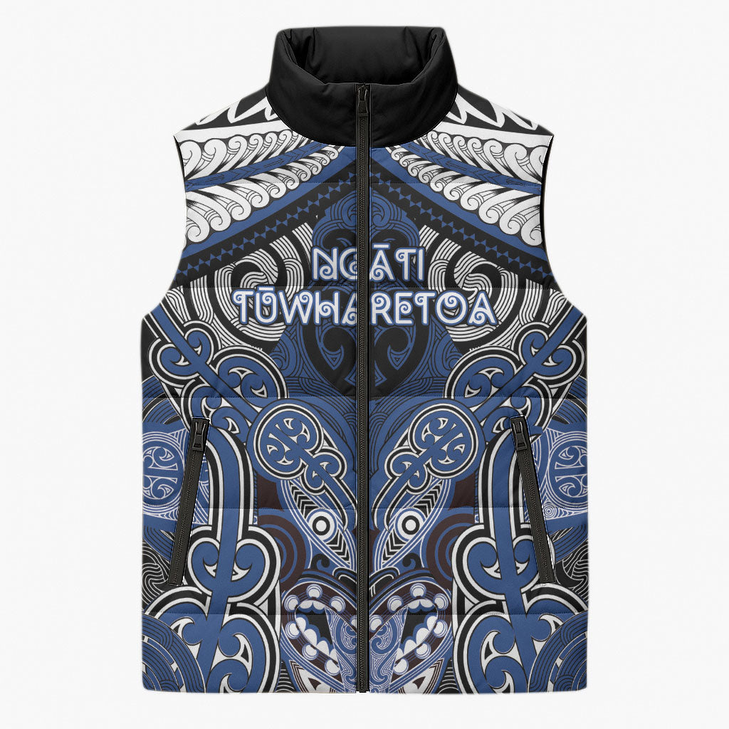 Aotearoa Iwi Ngati Tuwharetoa Personalised Sleeveless Puffer Jacket Maori Kowhaiwhai Pattern LT19 Unisex Blue - Polynesian Pride